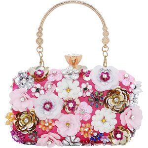Pink Elegant Flower Satin Women's Clutch Purse with Chain Shoulder Handbag